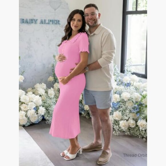 Ribbed Midi Bodycon Dress Ruffled V-Neck Button-Up Short Sleeve Knit - Picture 6 of 7